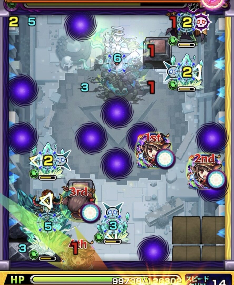 コキュートスの星墓ボス3の初手で聖騎士を狙うも軌道がずれてクリスタルと中ボスの間に入り有効打にならなかった場面