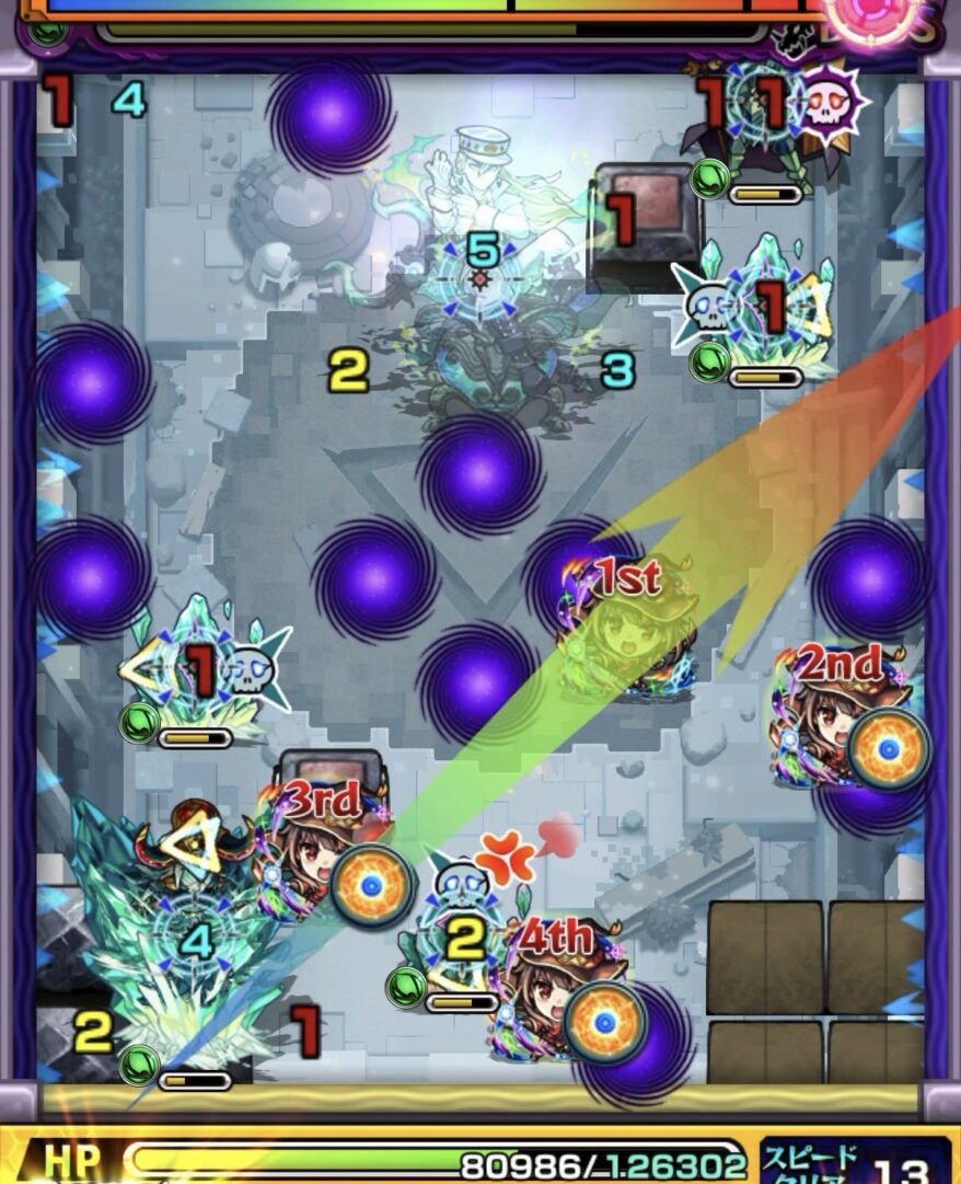 コキュートスの星墓ボス3の2手目で右壁反射から聖騎士とクリスタルの間に挟まり処理して防御ダウンを発動させた場面