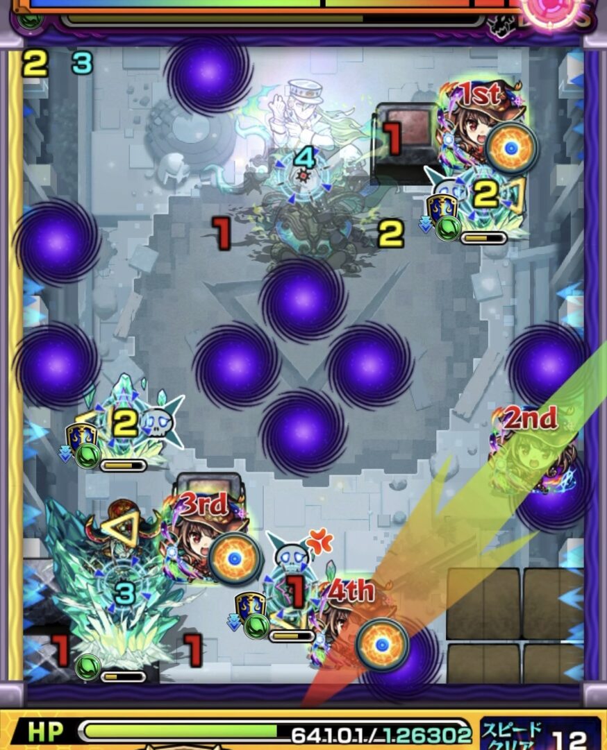 コキュートスの星墓ボス3の3手目で下壁反射からクリスタル弱点を攻撃し中ボスとの間に挟まり同時処理した場面