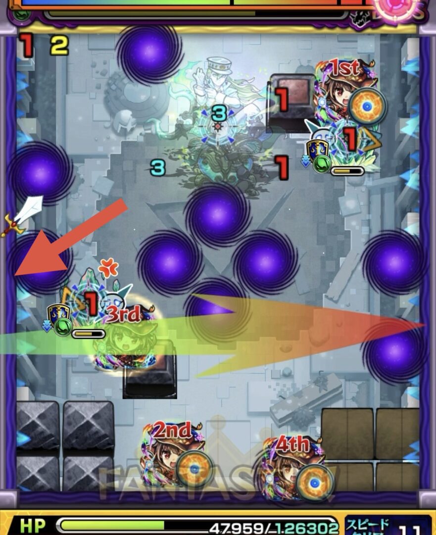 コキュートスの星墓ボス3の4手目で壁移動後に反射ルートを作りクリスタル2体を同時処理してボスが覚醒する場面