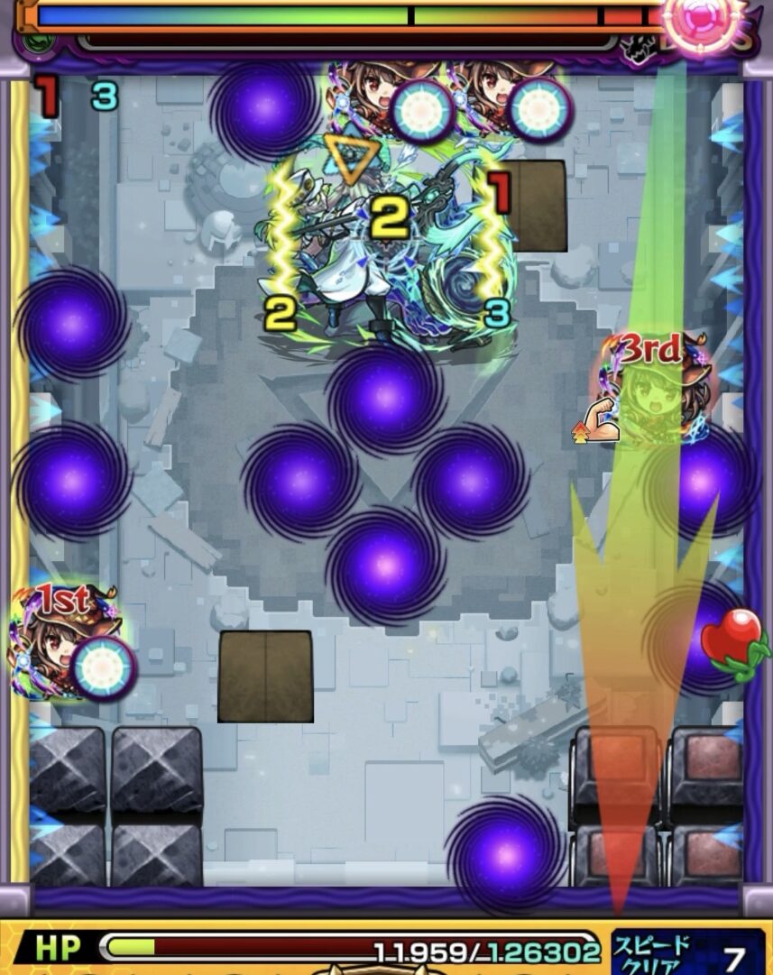 コキュートスの星墓ボス3の8手目で麻痺中のボスに友情と直殴りでトドメを刺して撃破した場面