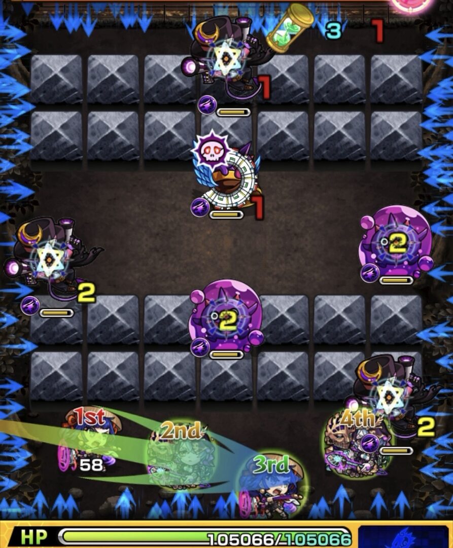 ステージ1の初手で味方3体に触れてガンマンとぷよリンを同時処理した場面