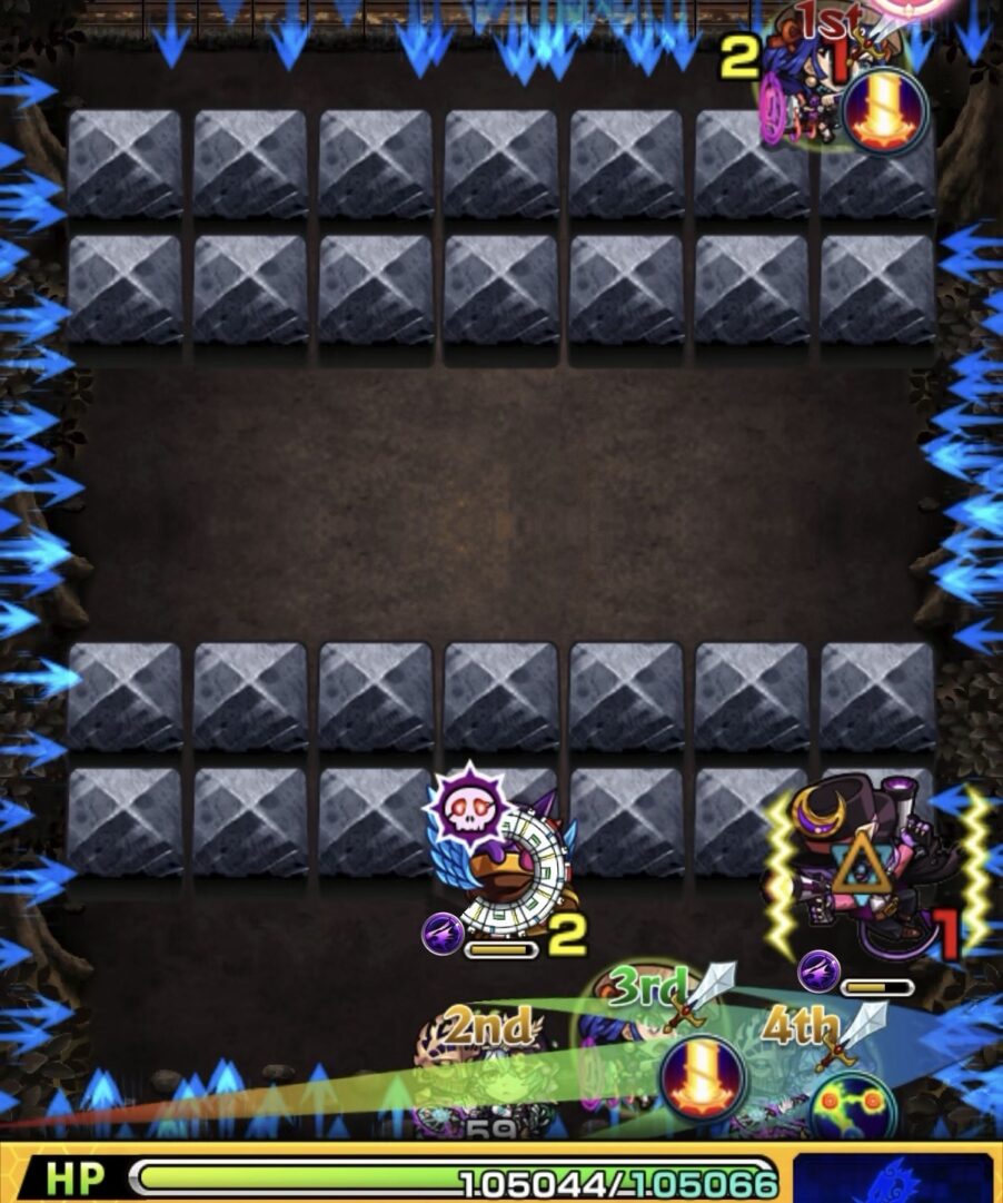 ステージ1の2手目で味方2体に触れてガンマンの弱点を攻撃し突破した場面