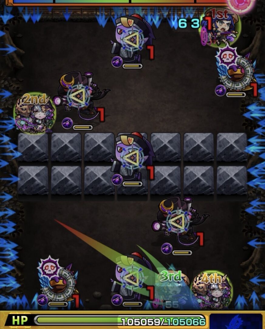 ステージ2の初手で壁反射しながら味方に触れてゾンビとガンマンを同時処理した場面