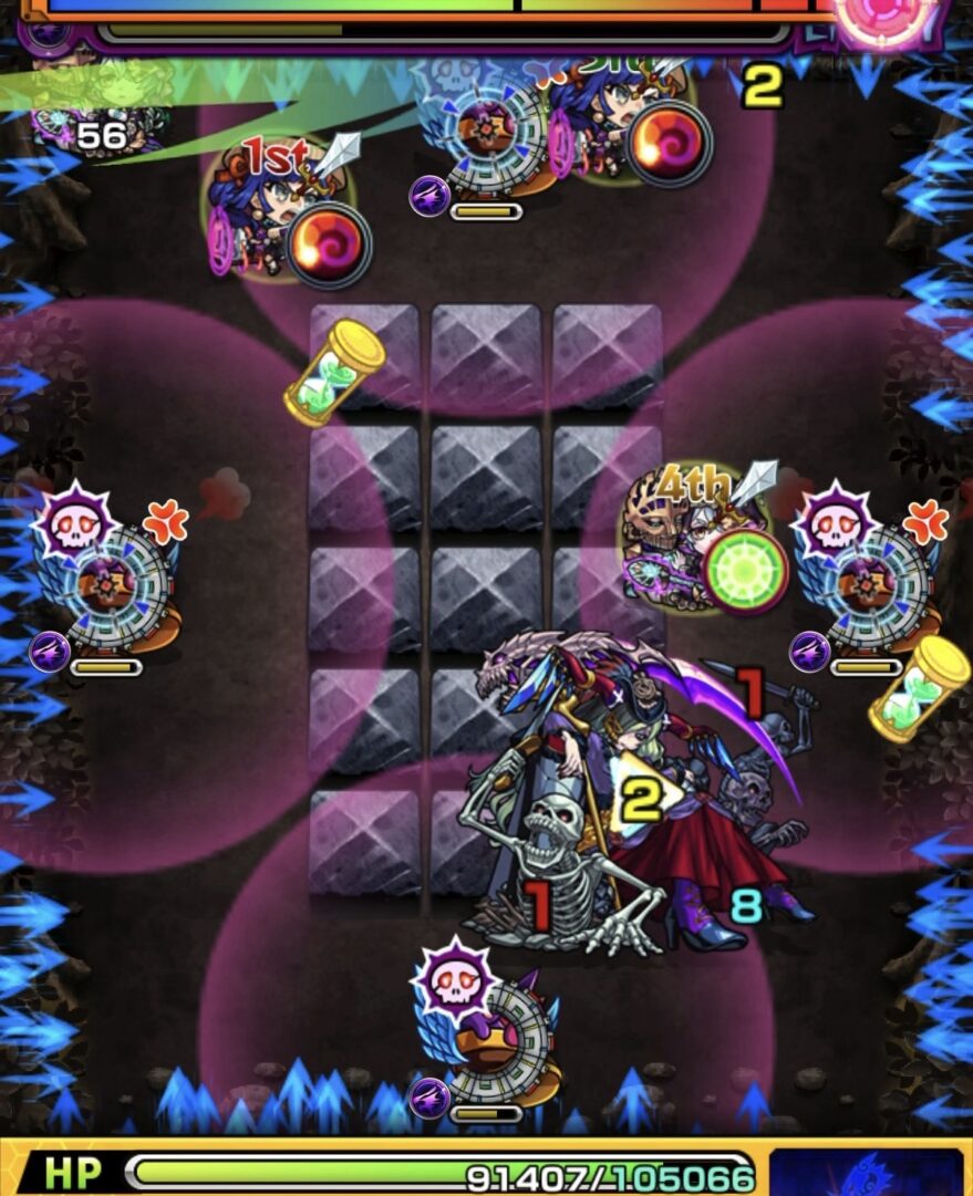 ステージ3の2手目ではやリンで加速しつつ味方3体に触れて中ボスの弱点を攻撃し突破した場面