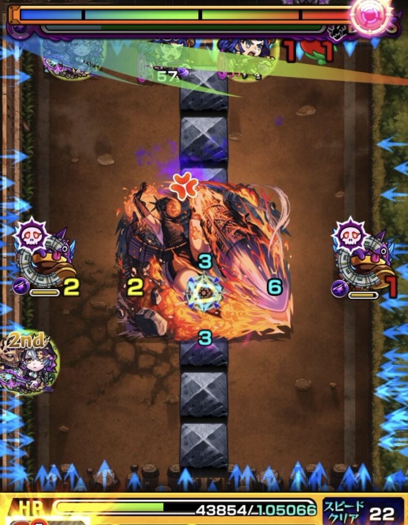 ボス1の3手目で味方に触れて弱点を攻撃し友情と直殴りで削り切った場面