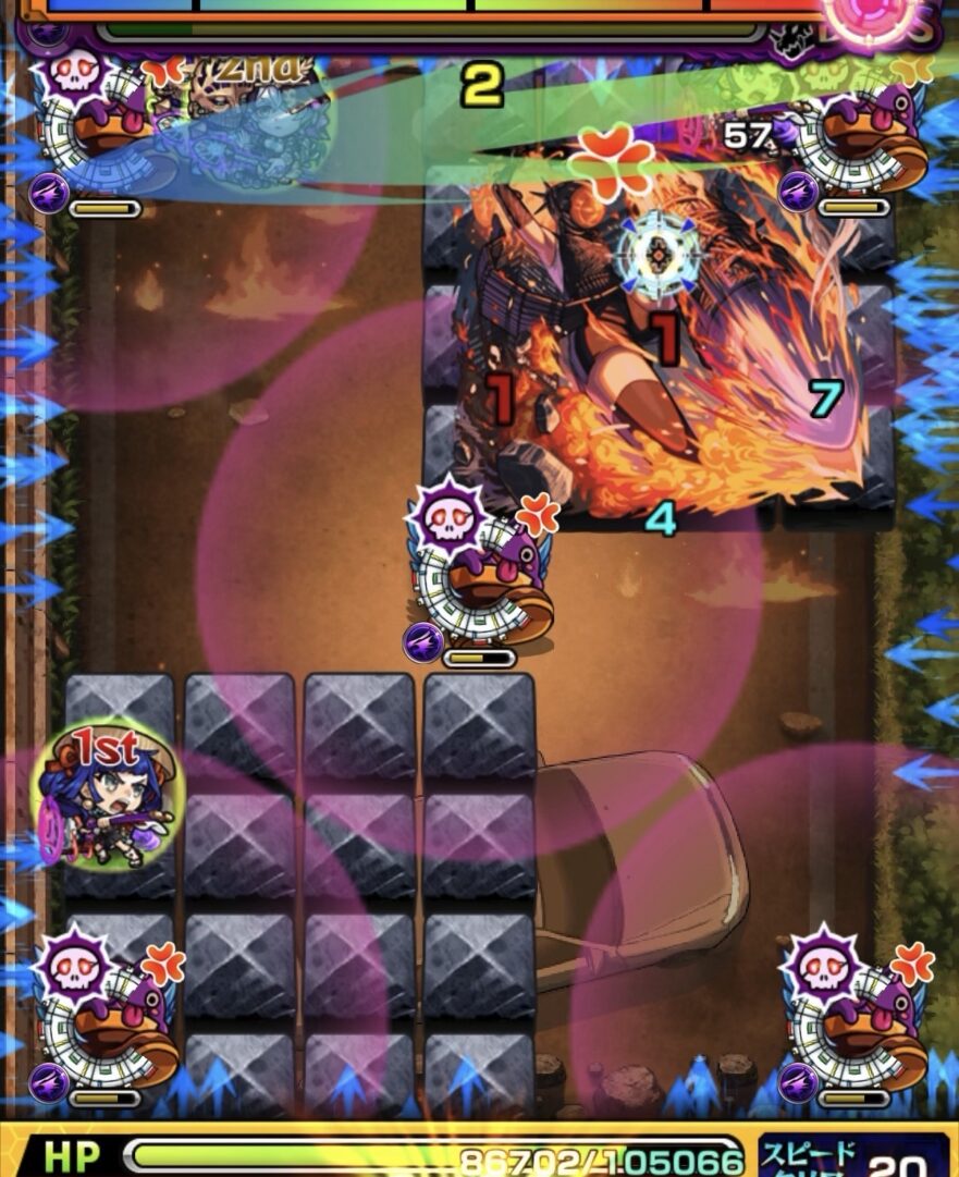 ボス2の2手目で味方とはやリンに触れて弱点を攻撃し削り切った場面