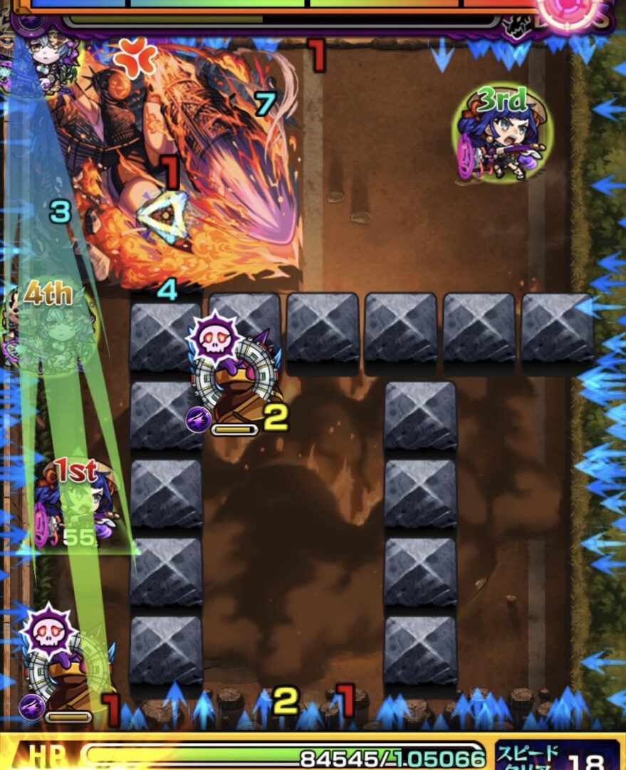 ボス3の2手目で味方に触れて加速し弱点を攻撃して削り切り撃破した場面