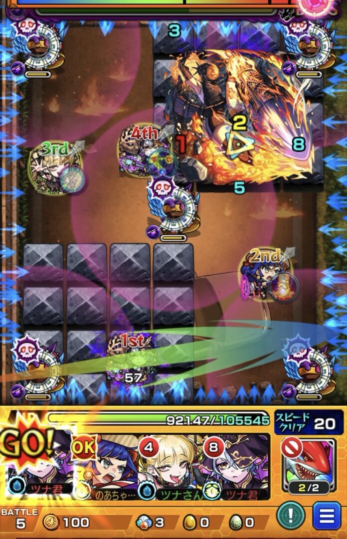 ボス2でSSを使用し味方3体に触れて弱点を攻撃してワンパンした場面