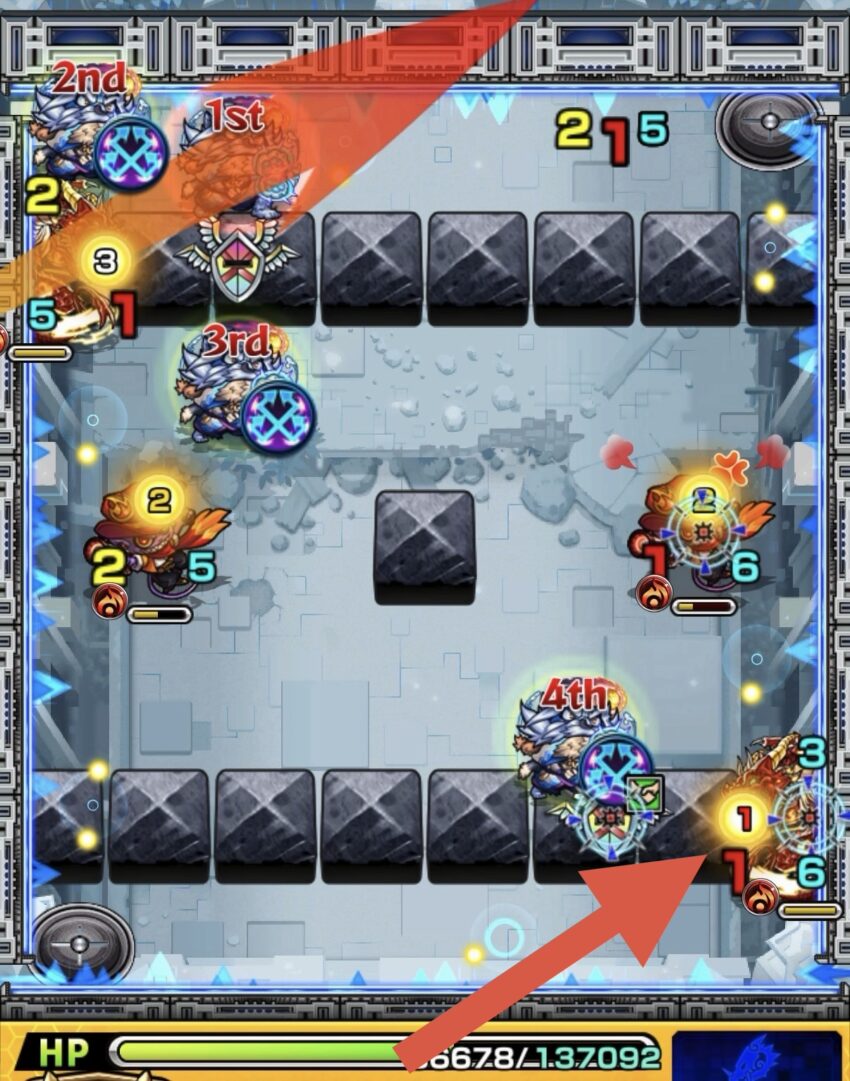 ニギミタマの星墓ステージ2でフォトン回収後に壁反射ルートを通してバハムートを処理した成功例の場面