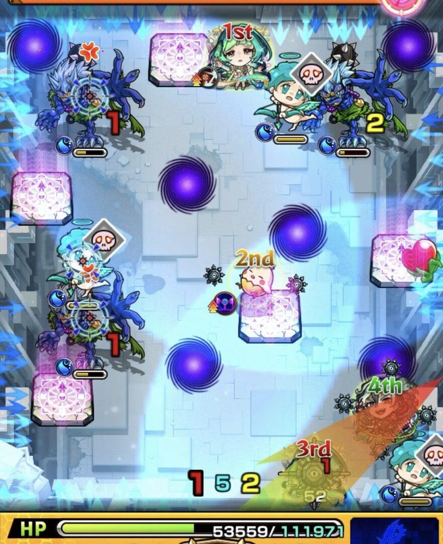 桃源郷の星墓ステージ1の3手目で地雷付与とドクロONを同時に行い防御アップ状態で鬼にダメージを与える場面