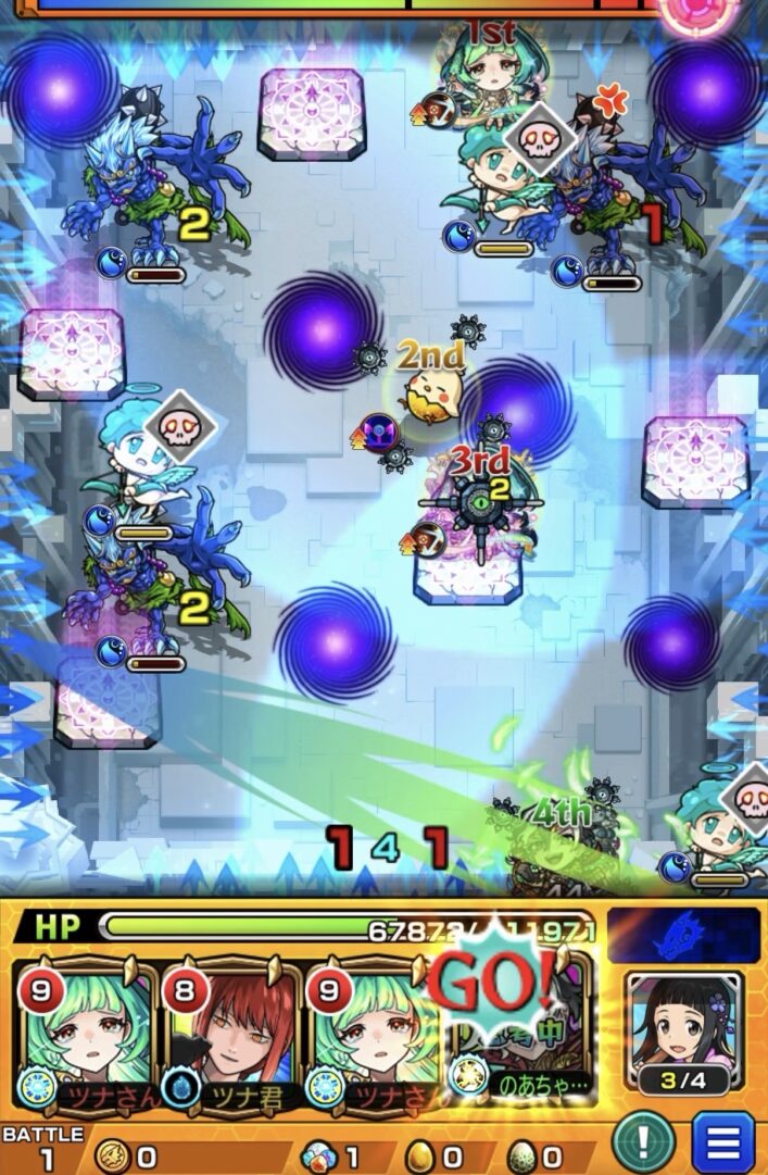 桃源郷の星墓ステージ1の4手目でSSを使用して地雷回収とドクロ発動を狙うも軌道がずれ別の天使をONにして鬼2体を処理した場面