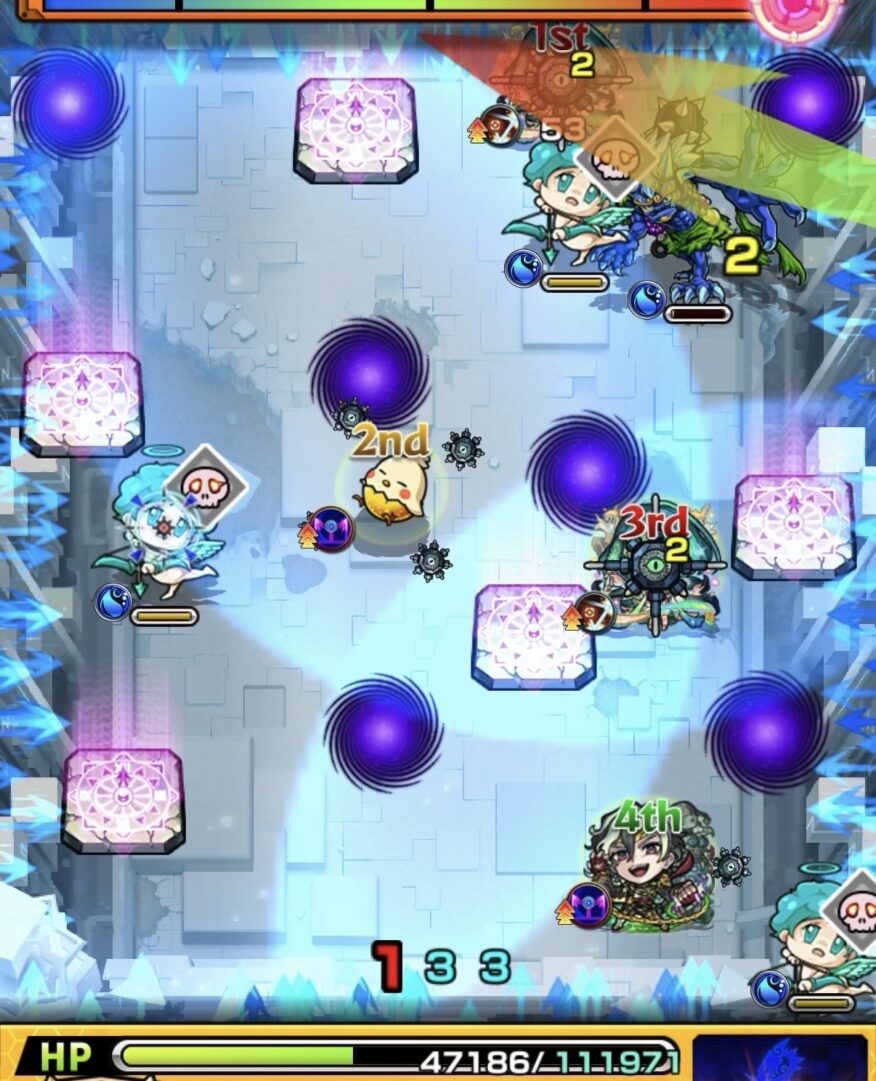 桃源郷の星墓ステージ1の5手目で安全ターンに地雷付与から鬼を攻撃して処理しステージ1を突破する場面