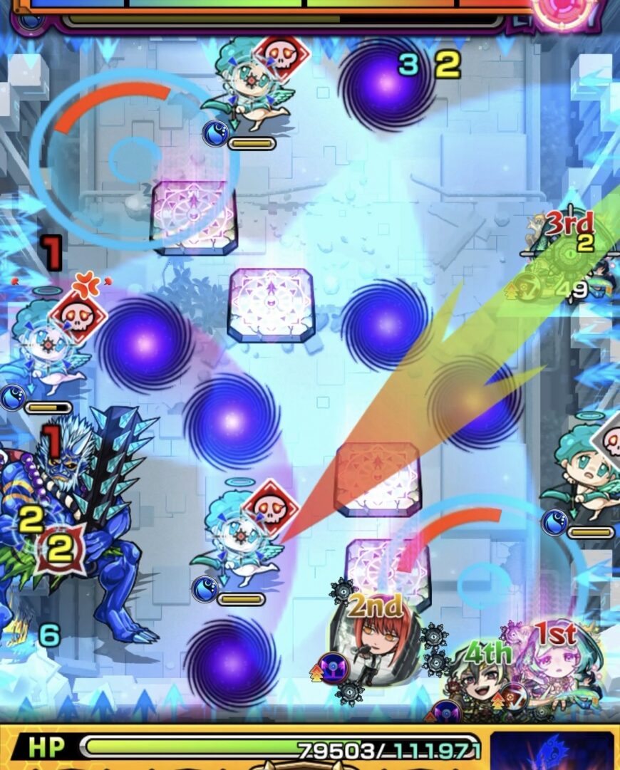 桃源郷の星墓ステージ2の2手目でイラプションの大ダメージに対してドクロを発動し防御アップ状態で地雷付与と回避を行う場面