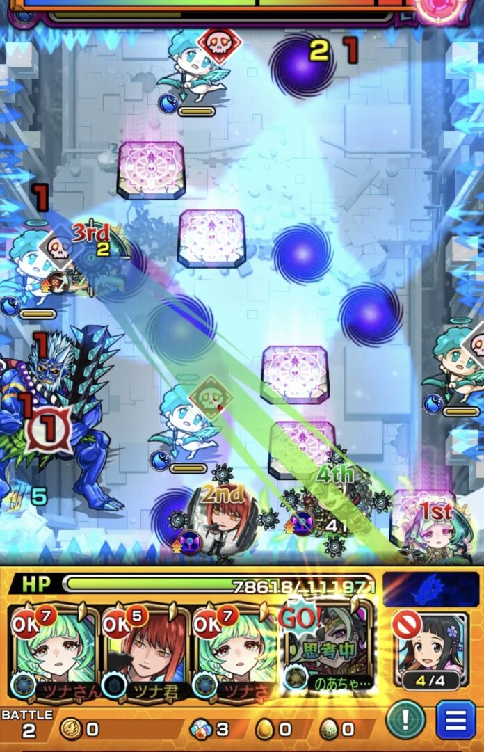 桃源郷の星墓ステージ2の3手目でSSを使用してドクロONから防御アップを発動し地雷回収しつつ鬼の攻撃を回避する場面