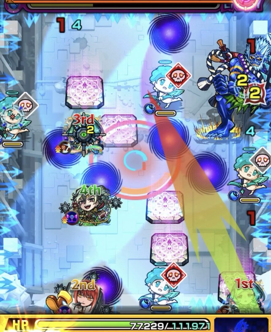 桃源郷の星墓ステージ2の4手目でイラプション対策としてドクロONで防御アップを発動し鬼に攻撃する場面