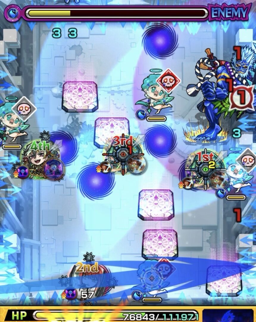 桃源郷の星墓ステージ2の5手目で爆発直前にドクロONと地雷回収を行いレーザーバリア内でもダメージを回避した場面