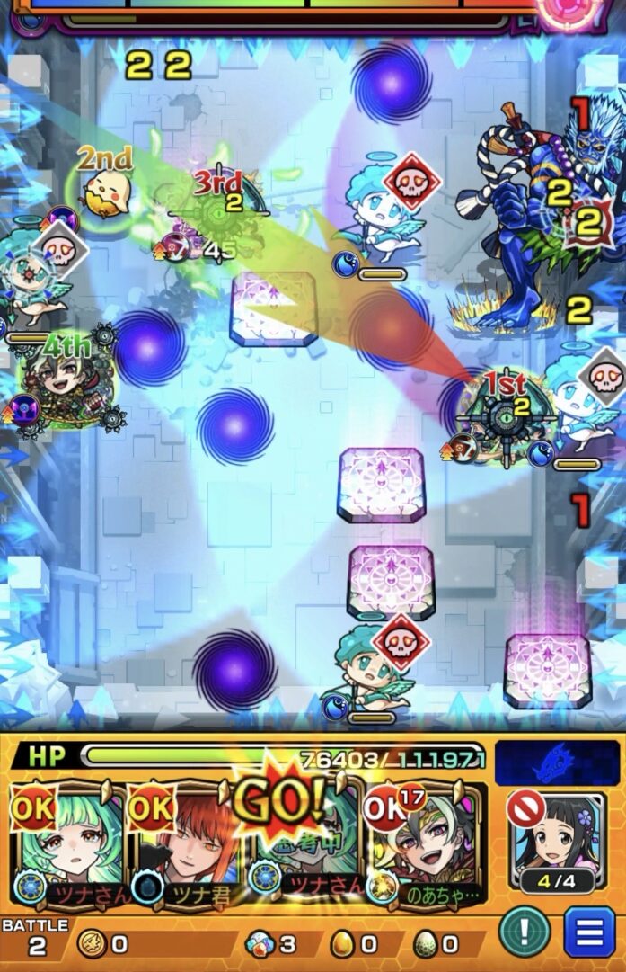 桃源郷の星墓ステージ2の6手目で全滅前にSSを使い味方に触れて攻撃し大鬼を削り切って突破する場面