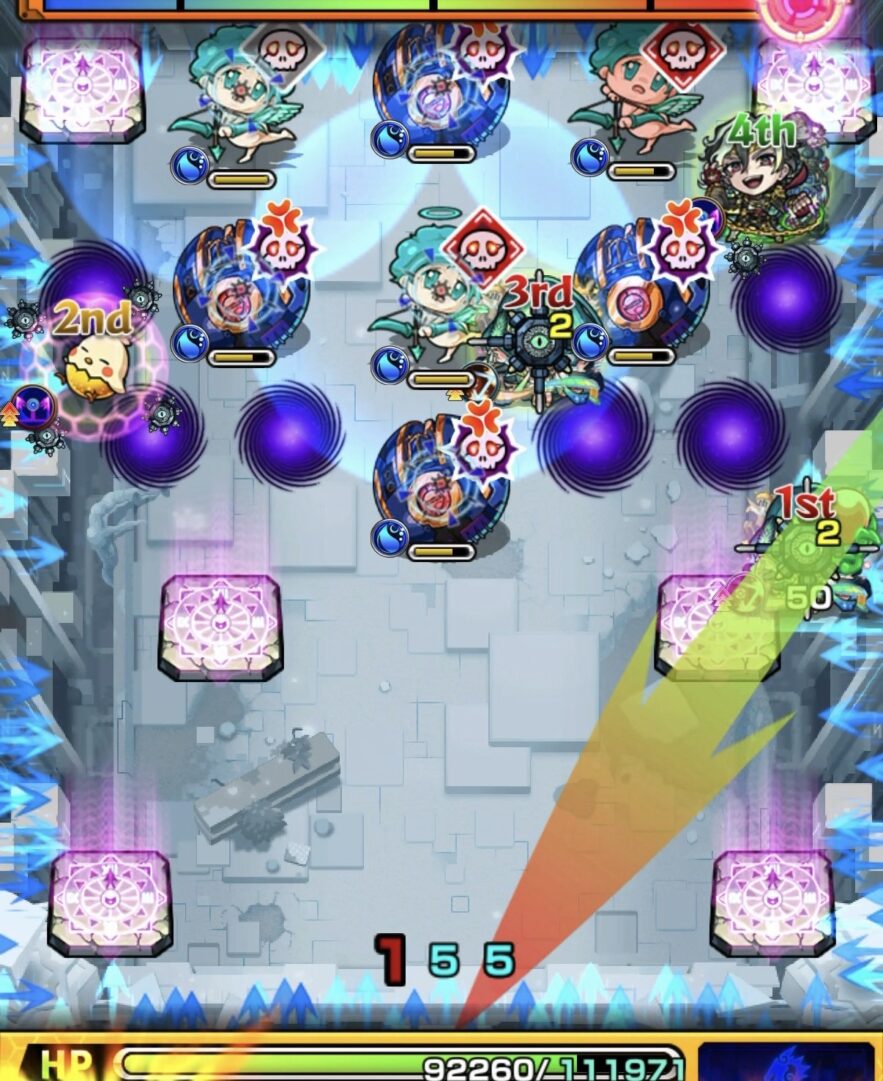 桃源郷の星墓ステージ3の2手目で下壁反射から地雷付与とドクロ発動を行いギャラクシーの間に挟まって1体処理する場面