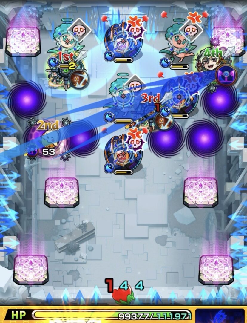 桃源郷の星墓ステージ3の3手目で地雷を回収しながらギャラクシーに攻撃してダメージを与える場面