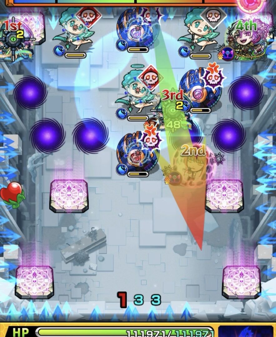 桃源郷の星墓ステージ3の4手目で地雷付与とドクロ発動後に挟まりを狙うも軌道がずれて失敗した場面