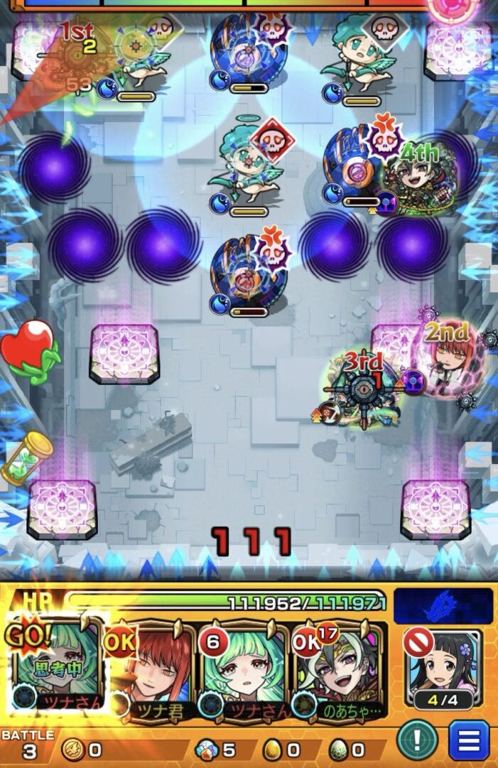 桃源郷の星墓ステージ3の6手目で全滅直前にSSでギャラクシーを全処理するも撃破時の気弾でHPが0になった場面