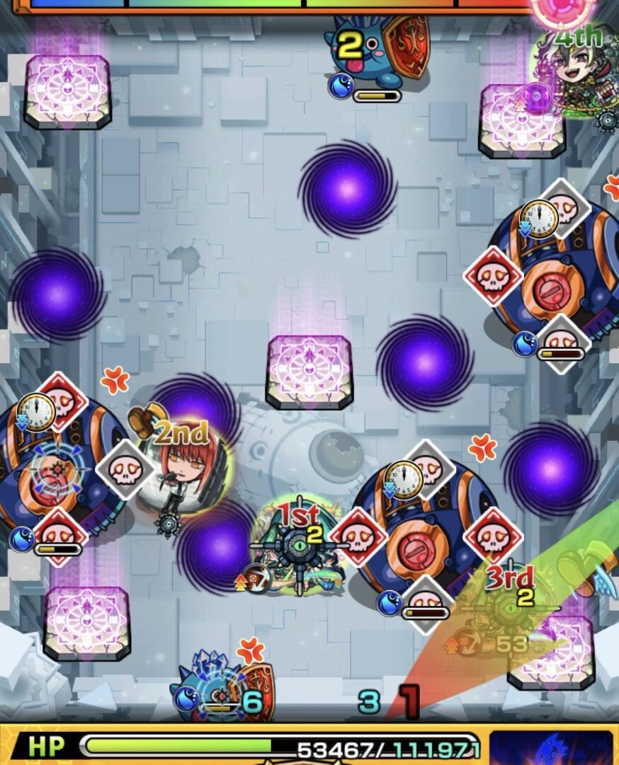 桃源郷の星墓ステージ4の2手目で下壁反射から味方に触れて地雷付与し気弾の方向を避けながらギャラクシー2体を処理する場面