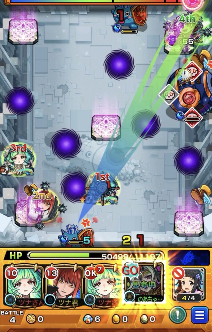 桃源郷の星墓ステージ4の3手目でSSを使用して地雷回収と防御アップを行いギャラクシーを処理して突破する場面