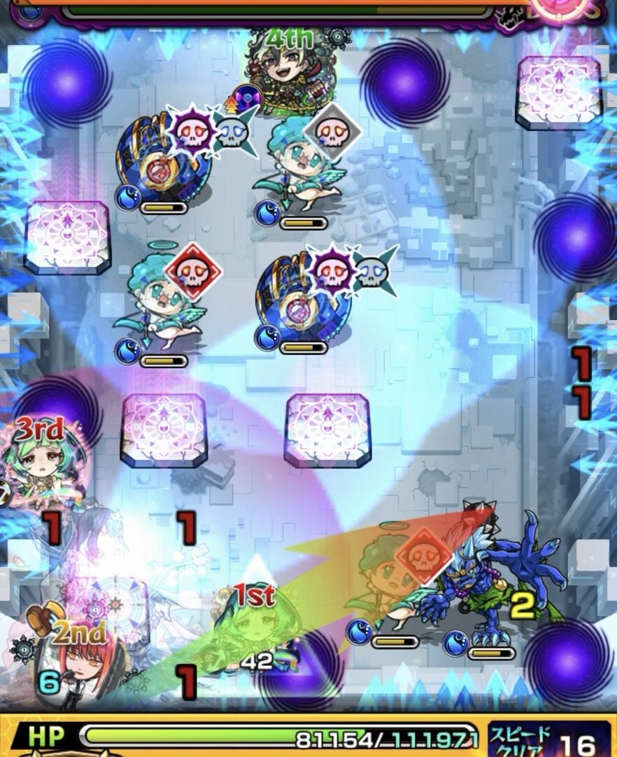 桃源郷の星墓ボス1の初手で天使をドクロONで処理し防御アップ後に挟まりギャラクシー1体を処理する場面