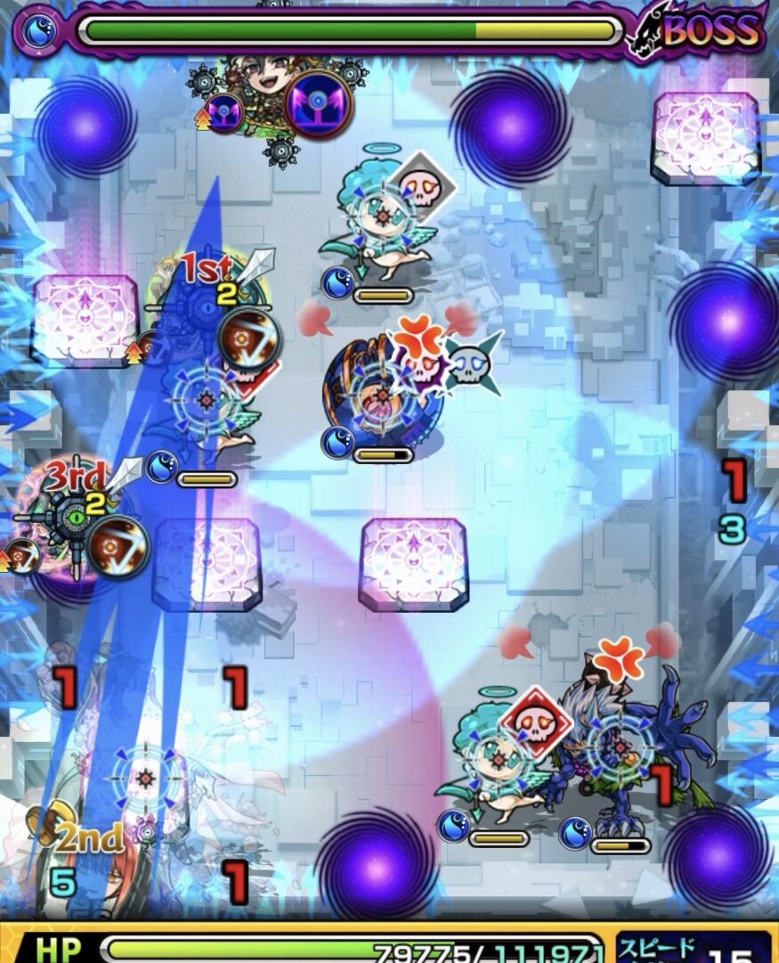 桃源郷の星墓ボス1の2手目で爆発直前に地雷回収とドクロ発動を行い友情で鬼を処理した場面