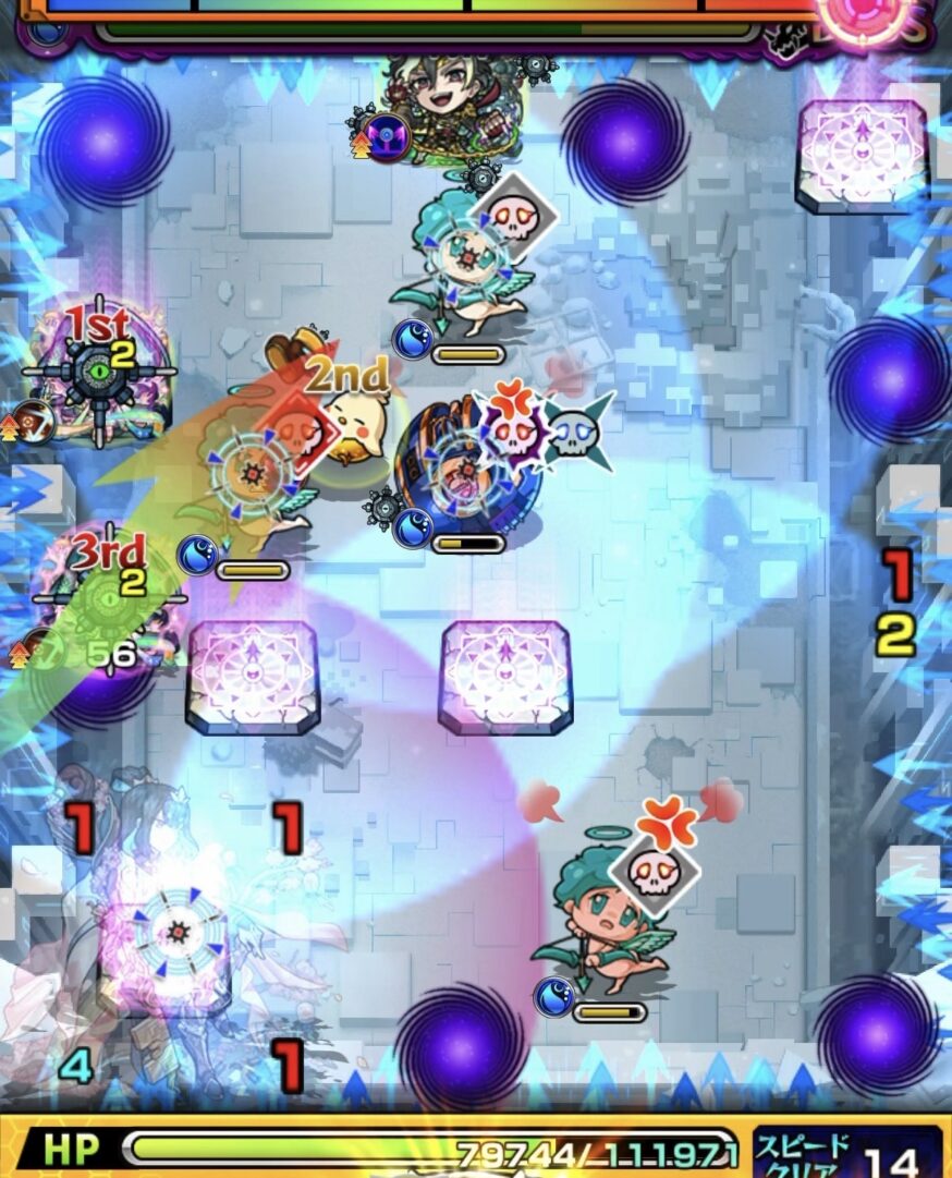 桃源郷の星墓ボス1の3手目で天使をドクロONで処理し地雷付与後にクロスドクロ発動でボスが覚醒する場面