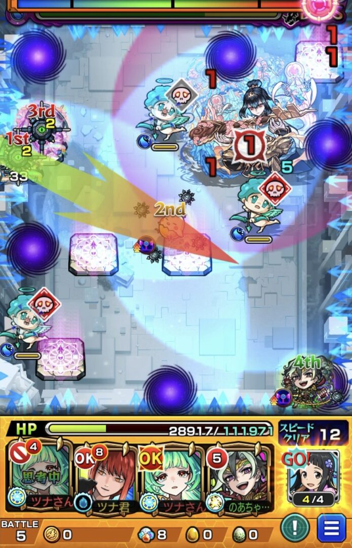 桃源郷の星墓ボス1の5手目でHP瀕死の状態から守護獣ユイで遅延とドクロ発動を行いボスの強攻撃を回避する場面