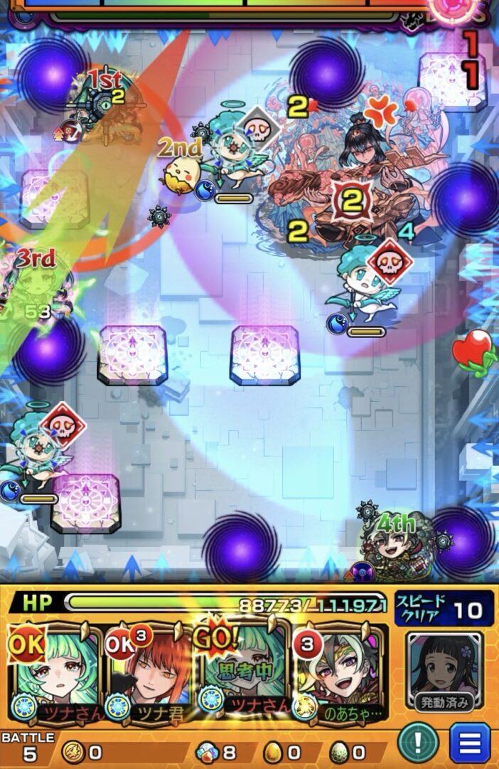 桃源郷の星墓ボス1の7手目で全滅とイラプション直前にSSを使ってボスを削り切り突破する場面