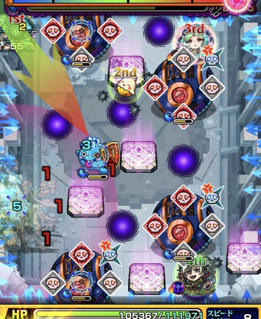 桃源郷の星墓ボス2の2手目で盾雑魚反射から地雷付与してギャラクシーに均等ダメージを与える場面