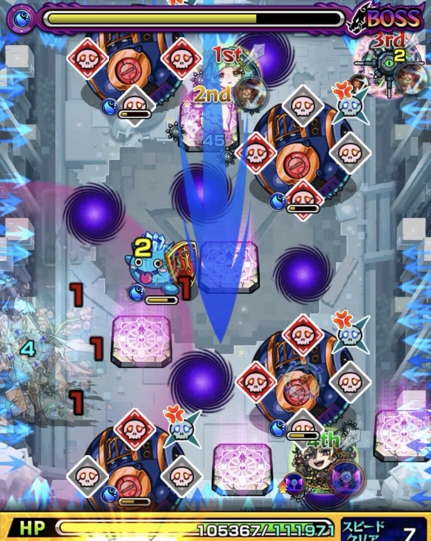 桃源郷の星墓ボス2の3手目で魔法陣を踏んでひよこ状態を解除しつつギャラクシーを処理する場面