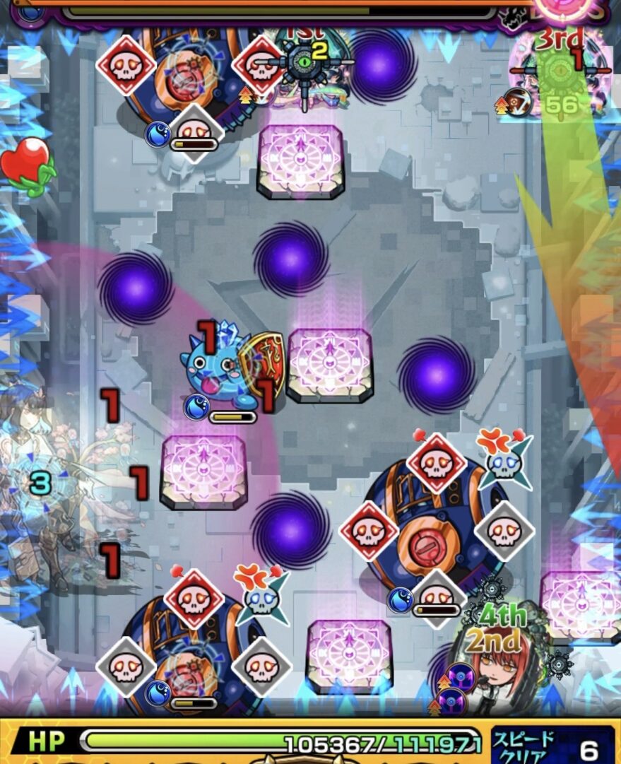 桃源郷の星墓ボス2の4手目で地雷付与後にギャラクシーを処理するも複数撃破で気弾を受け大ダメージを受けた場面