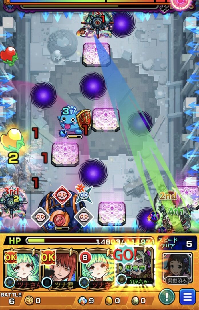 桃源郷の星墓ボス2の5手目で地雷爆発直前にSSで地雷回収とハート回収を行い回復する場面