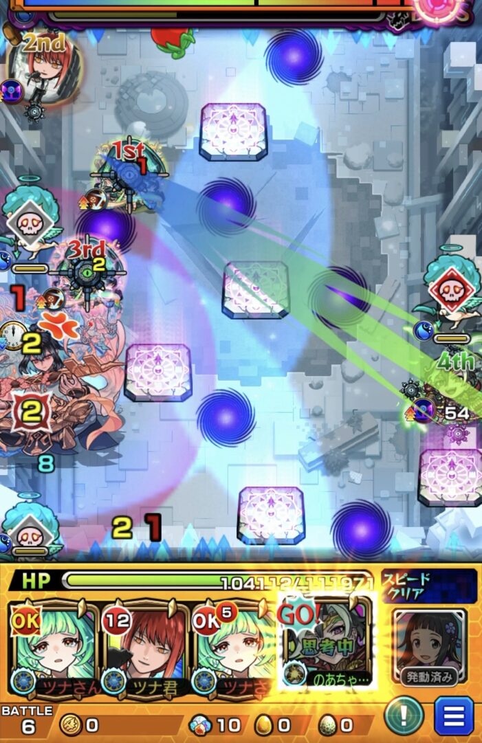 桃源郷の星墓ボス2の9手目で地雷爆発直前にSSで回収し味方に触れて反射しながらドクロを発動する場面