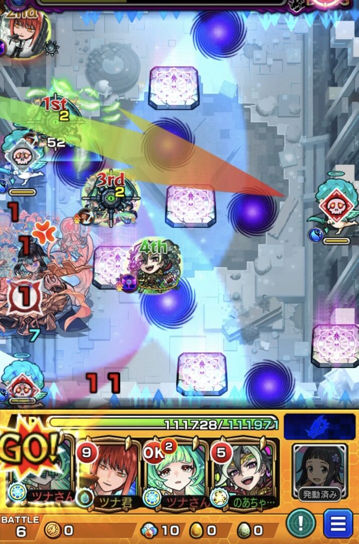 桃源郷の星墓ボス2の10手目で強攻撃直前にSSでドクロ発動し挟まりでボスを削り切って撃破する場面