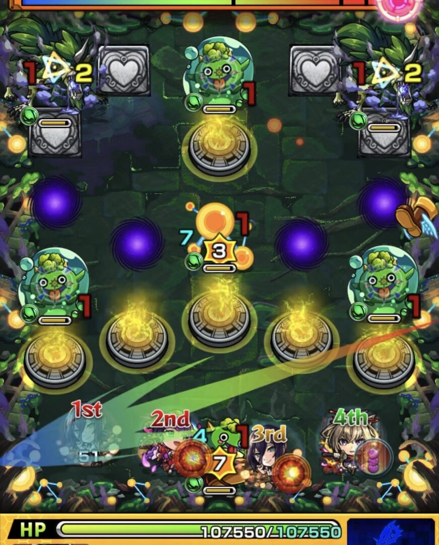 ステージ1の1手目で3壁に触れて分子のカウントを0にし攻撃力アップを発動しつつぷよリン3体を同時処理した場面