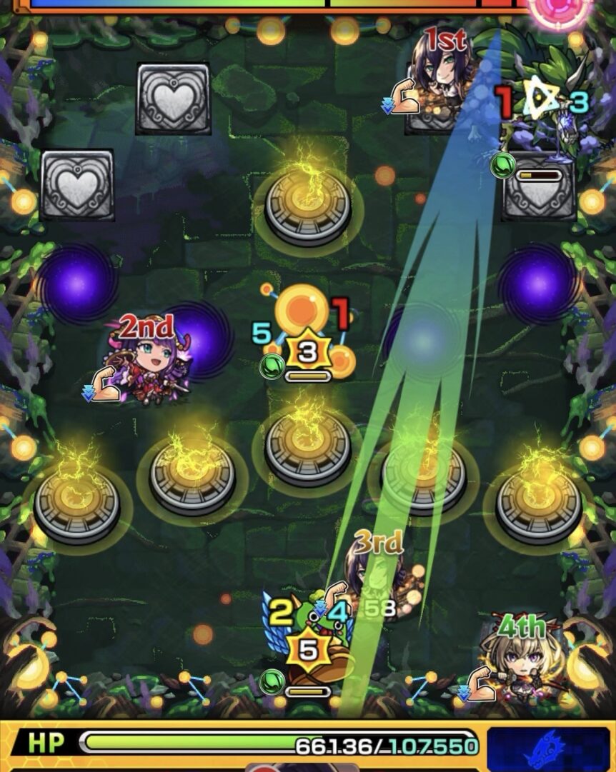 ステージ1の3手目で3壁に触れて分子のカウントを0にし攻撃力アップ状態でオオカミを処理して突破した場面