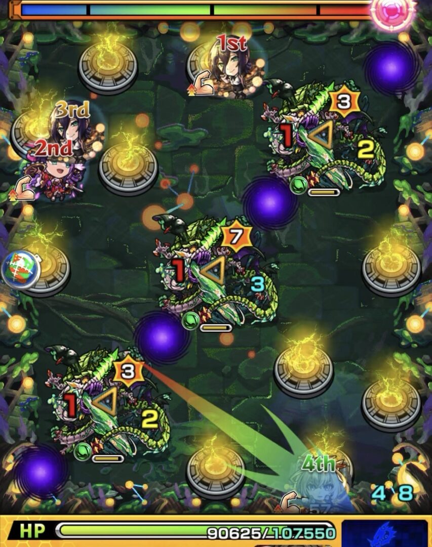 ステージ2の1手目で減速床を避けるため下壁に触れてカウントを減らしバジリスク同時処理の準備をした場面