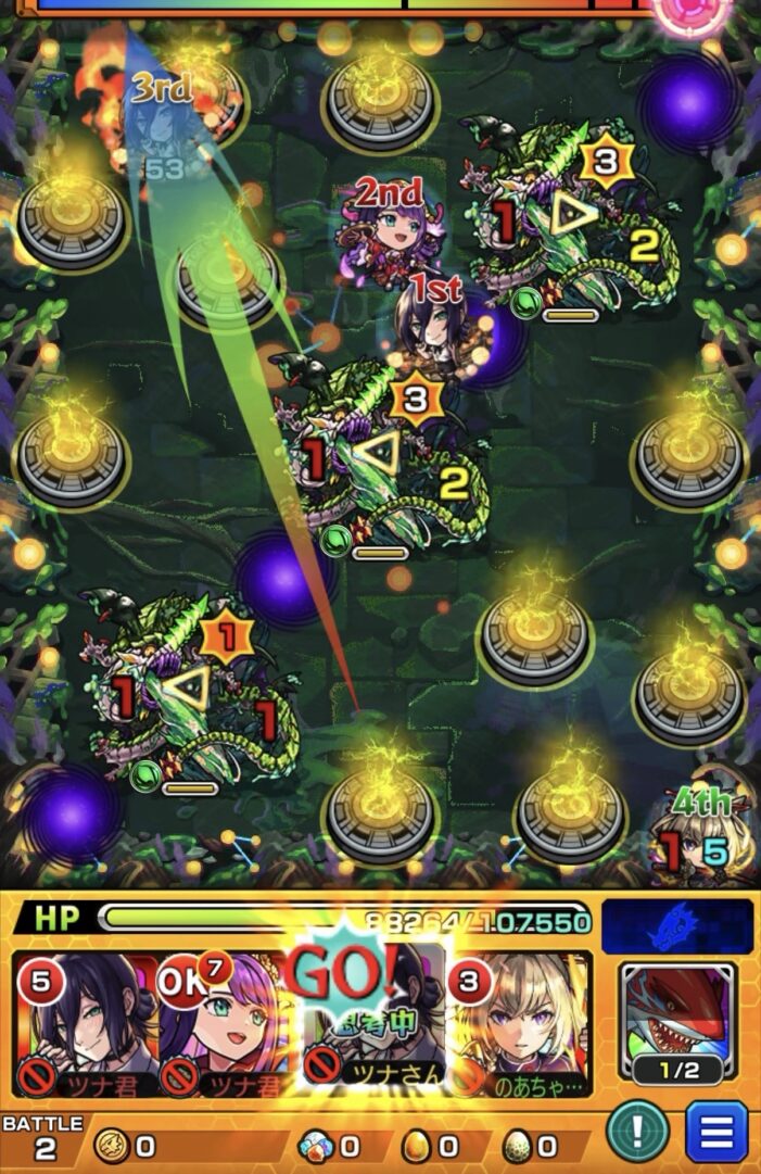 ステージ2の4手目でレゼのSSを使い上壁から下バジリスクを経由して3体同時処理に成功し突破した場面