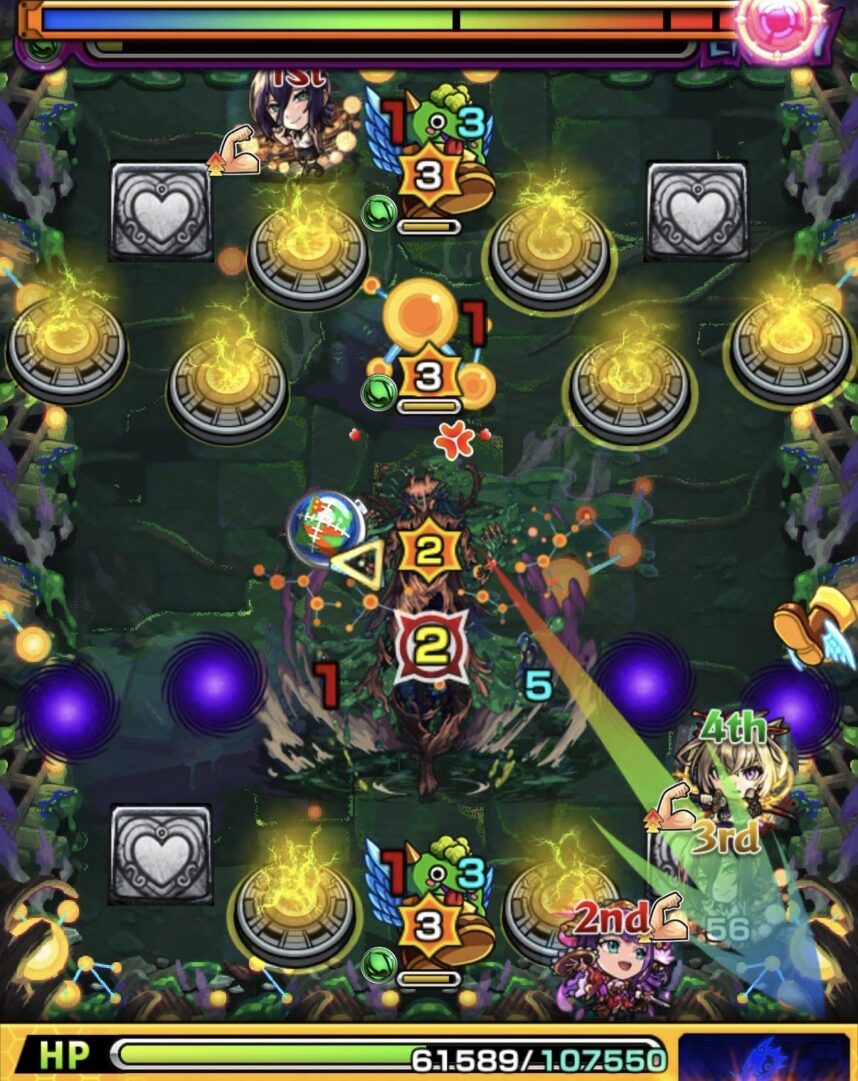 ステージ3の4手目で2壁に触れて防御ダウンを発動させ中ボスを撃破して突破した場面