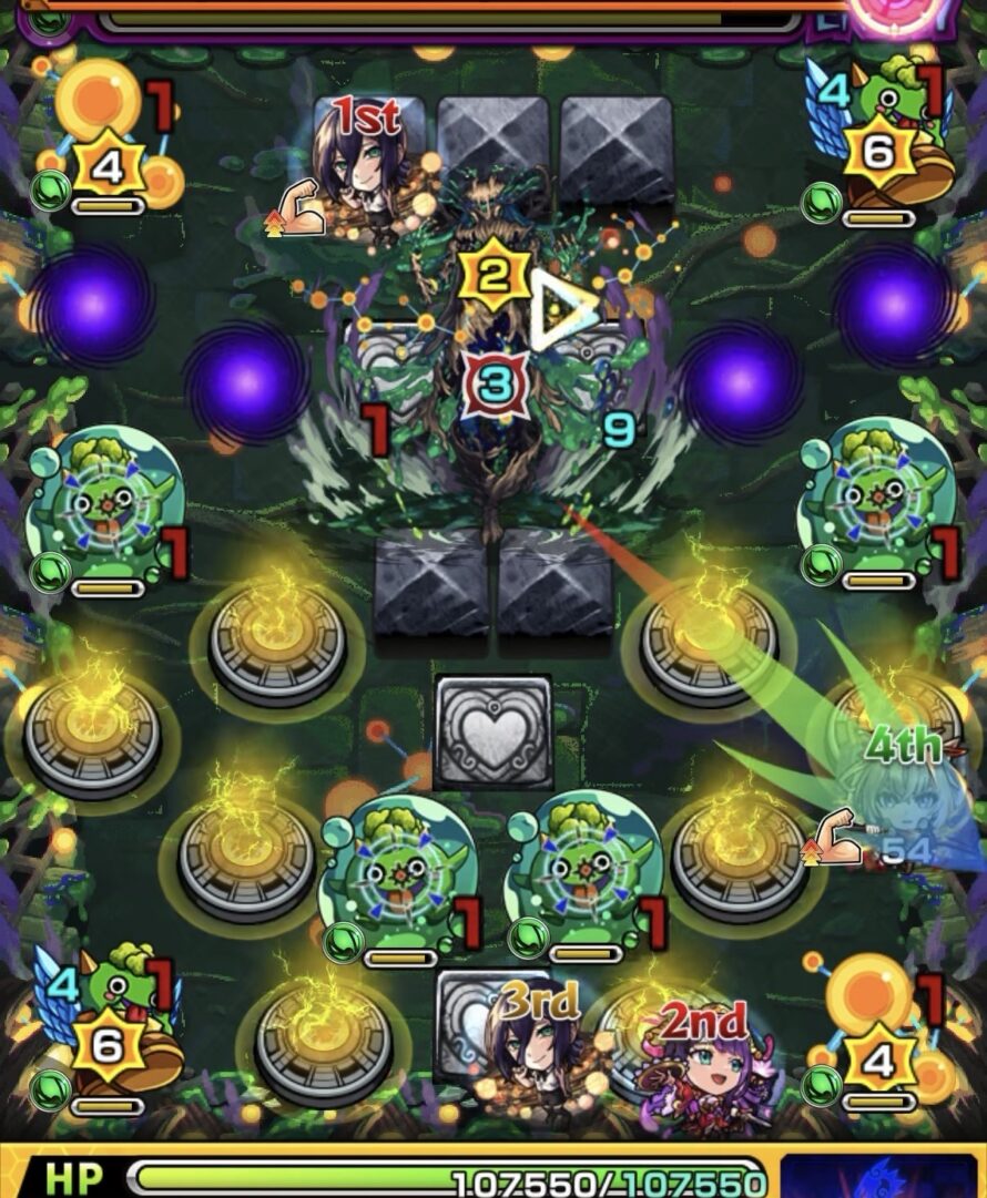 ステージ4の1手目で減速床を避けるため1壁に触れてカウント調整するもぷよリンのSS遅延攻撃を受けた場面