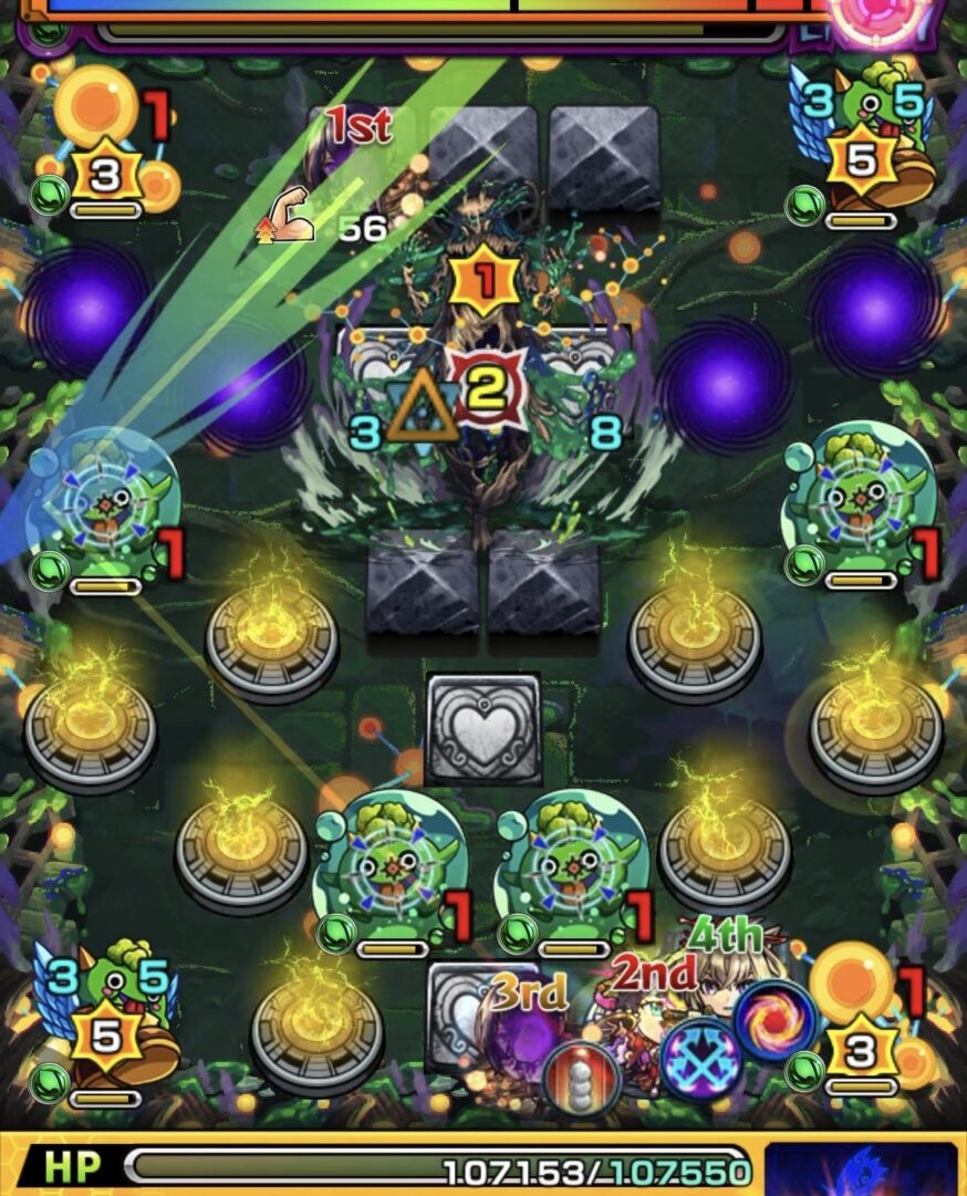 ステージ4の2手目で左壁に触れてぷよリン3体を同時処理し分子に触れて攻撃力アップを受けた場面