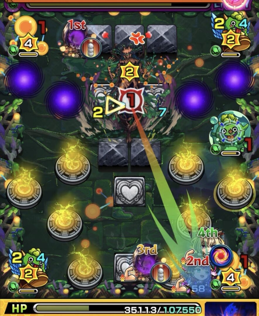 ステージ4の3手目で2壁に触れて防御ダウンを発動させながらぷよリンを処理した場面