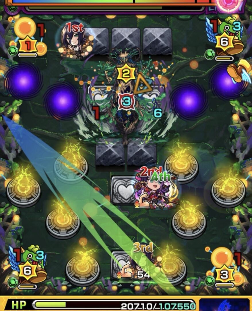 ステージ4の4手目で2壁に触れて防御ダウンで攻撃しつつ回復を狙うもマサムネに触れられずHP回復できなかった場面