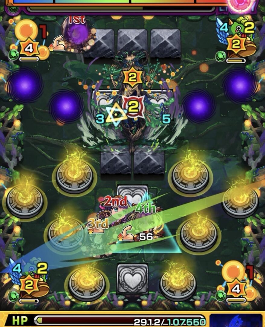 ステージ4の5手目でHP2012の危険な状況からレゼに触れて友情誘発で回復に成功した場面