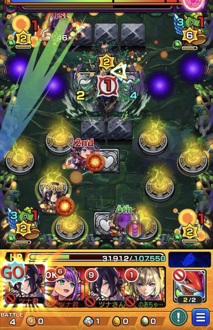 ステージ4の6手目でレゼSSを使い2壁で防御ダウンとはやリンでハートパネル起動し回復と中ボスに大ダメージを与えた場面